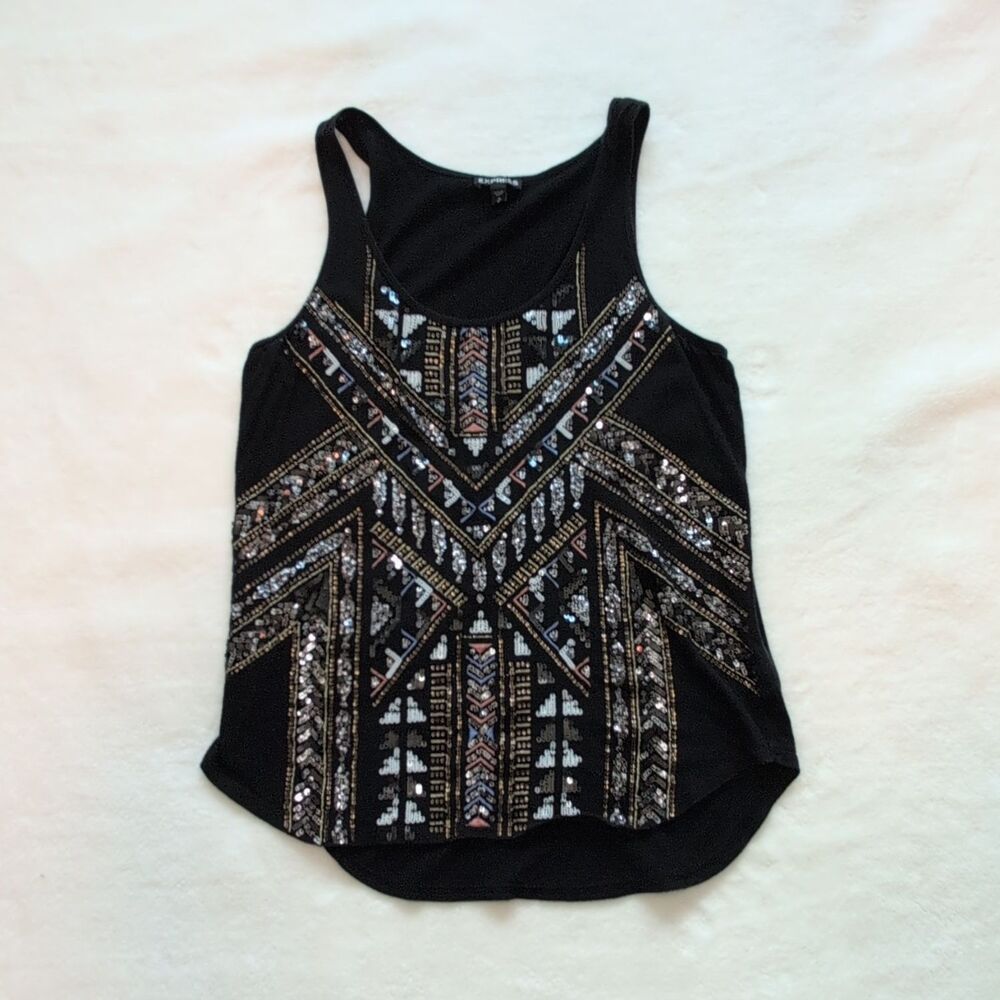 Express Women's Black Geometric Sequin Scoop Neck Sleeveless Knit Tank, Size S